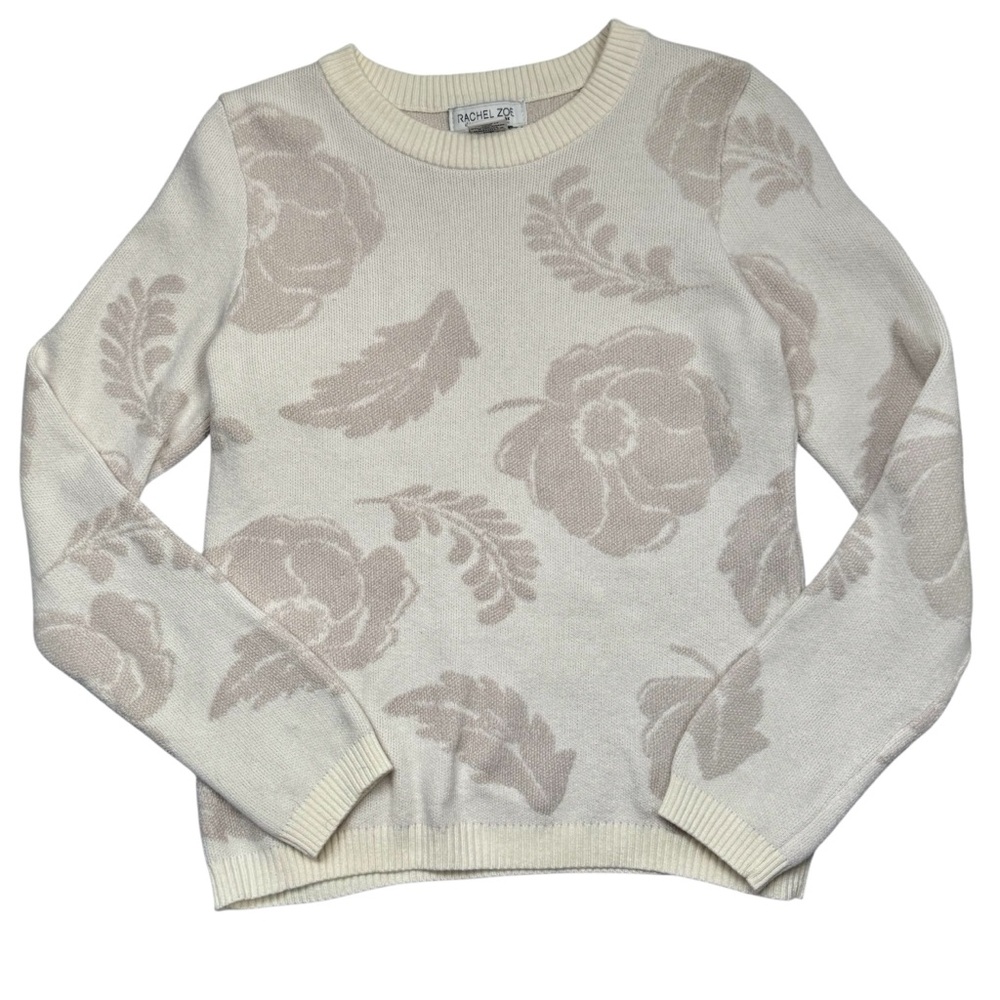 Rachel Zoe Floral Knit Sweater Womens XS Cream Beige Long Sleeve Pullover